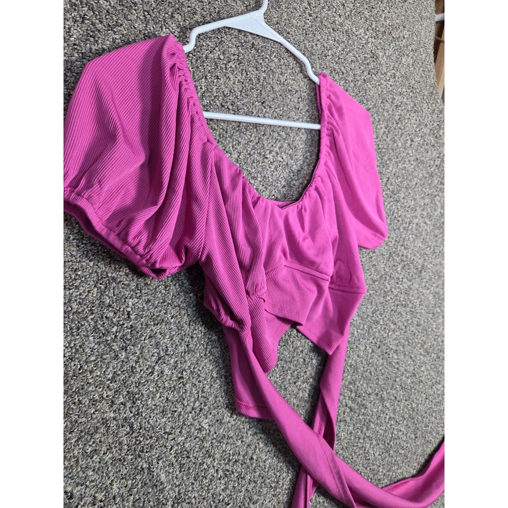 New Mode Puff Sleeve Crop Top Womens Large Pink Ribbed Wrap Tie Waist - Picture 2 of 9